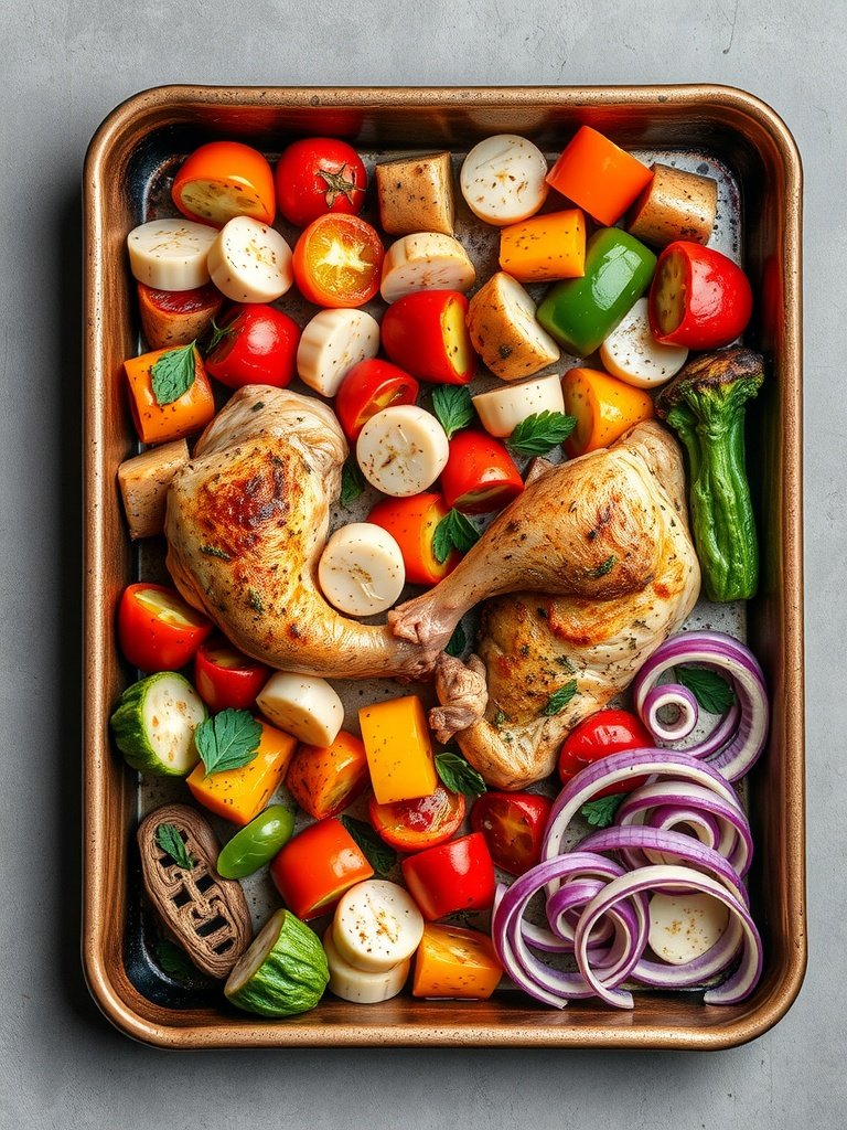 A tray of roasted chicken legs surrounded by colorful vegetables like bell peppers, tomatoes, and zucchini.