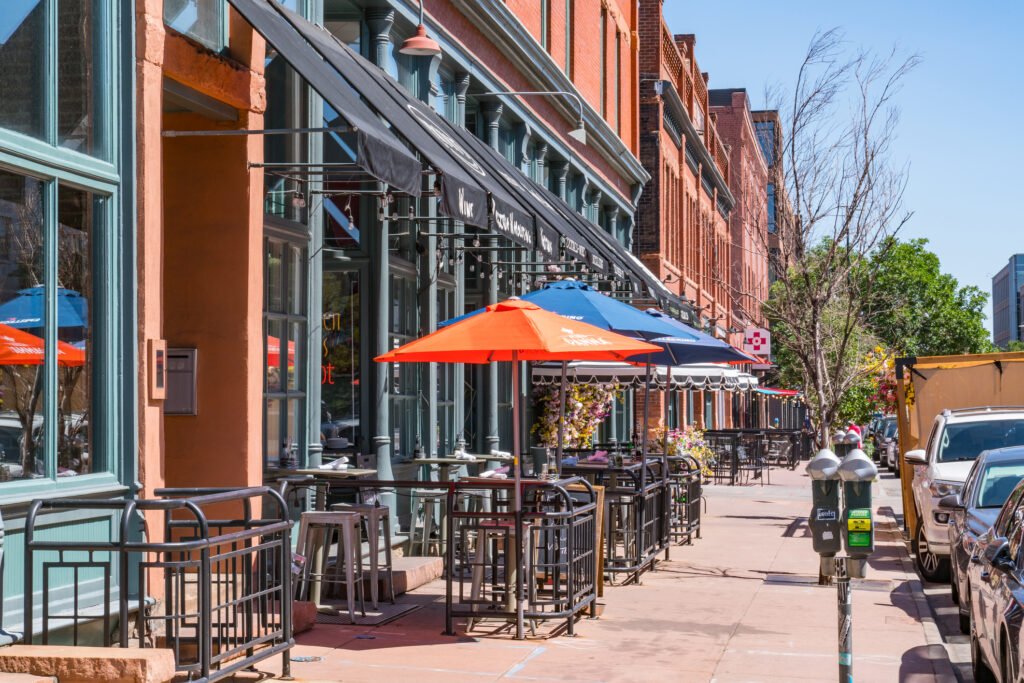 Restaurants and shops along Platte Street in Denver, Colorado