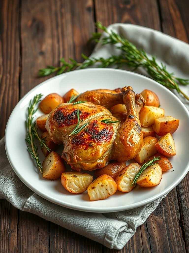 A plate of roasted garlic chicken with potatoes garnished with herbs