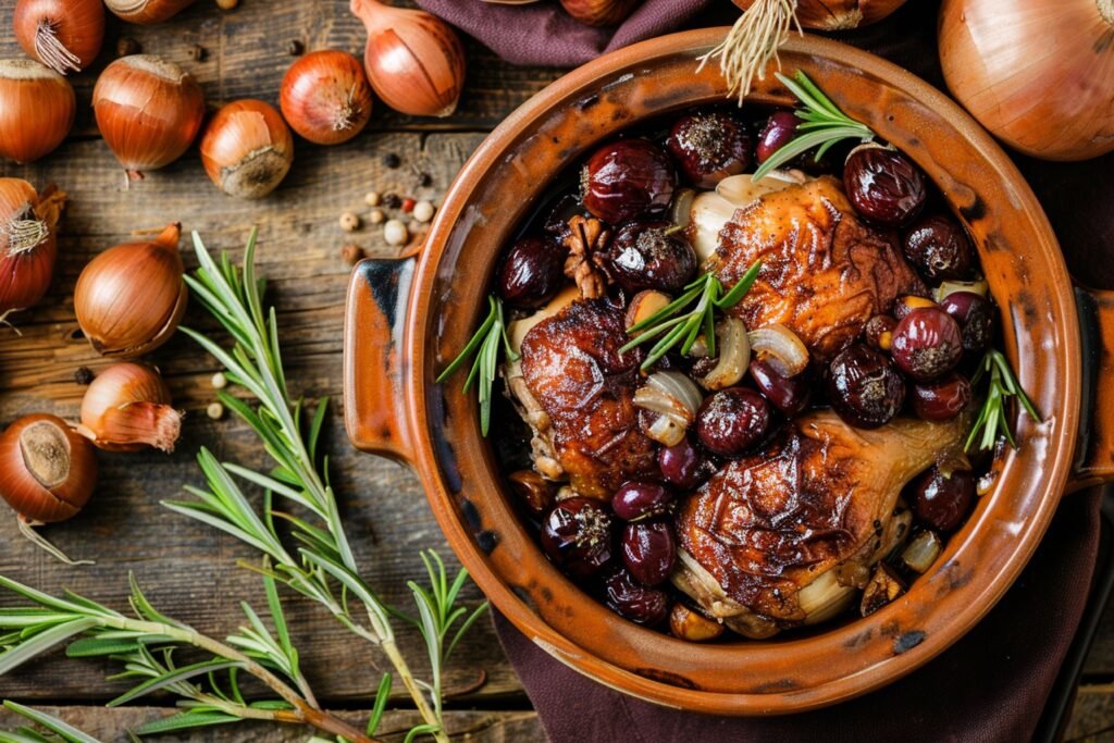 top-view-stewed-chicken-with-chestnuts-onion-clay-bowl-wooden-table