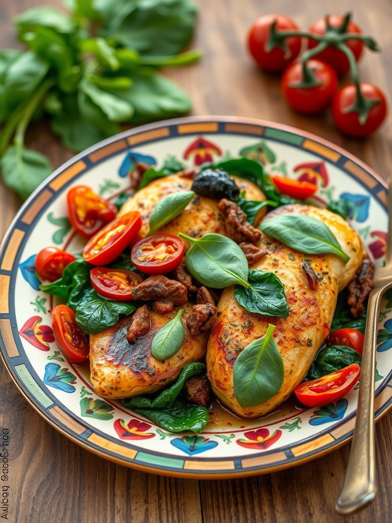 A plate of Tuscan Chicken with Sun-Dried Tomatoes, garnished with fresh basil and surrounded by cherry tomatoes.
