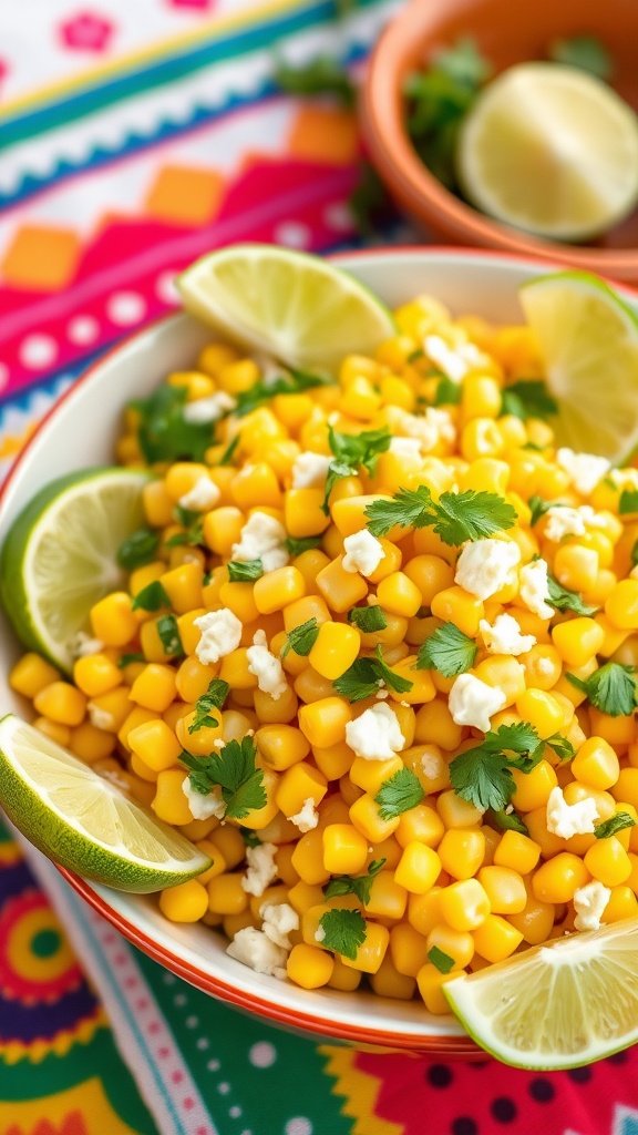 A vibrant bowl of Mexican Street Corn Salad, showcasing golden corn kernels mixed with creamy dressing, bright green cilantro, and crumbled white cheese. The salad is garnished with lime wedges and served on a colorful fiesta table setting, evoking a festive atmosphere perfect for Cinco de Mayo celebrations.