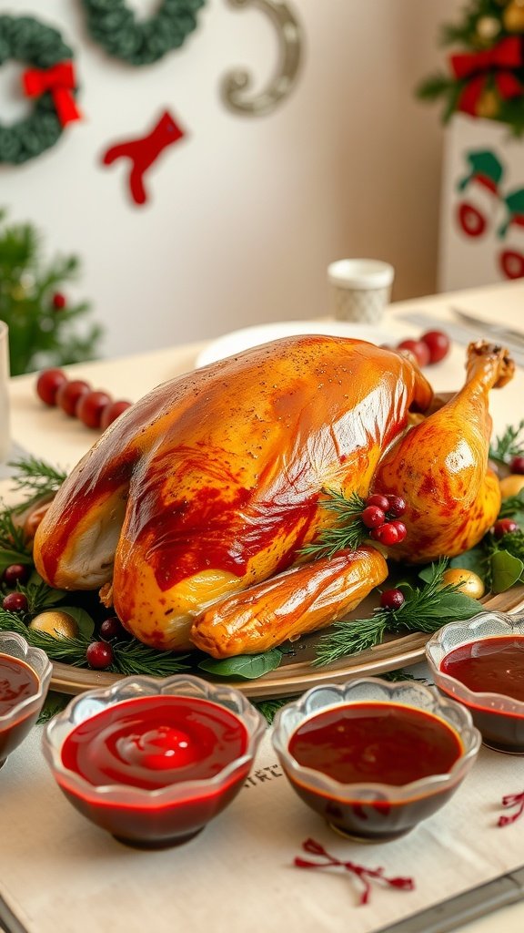 Festive turkey centerpiece with sauces on a holiday table
