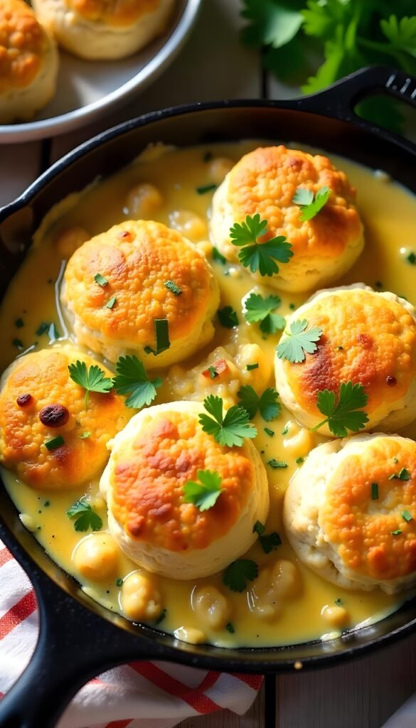 Savory Creamy Green Chile Chicken Cobbler with Biscuits