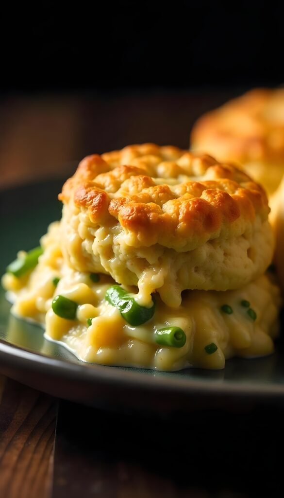 Savory Creamy Green Chile Chicken Cobbler with Biscuits