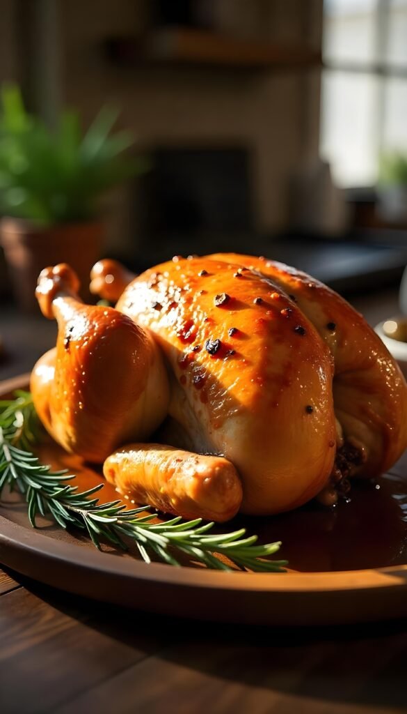 A mouthwatering close-up of a Classic Roasted Turkey, glazed with honey and herbs, presented on a wooden platter with rosemary sprigs, in a rustic kitchen with sunlight streaming through the window.