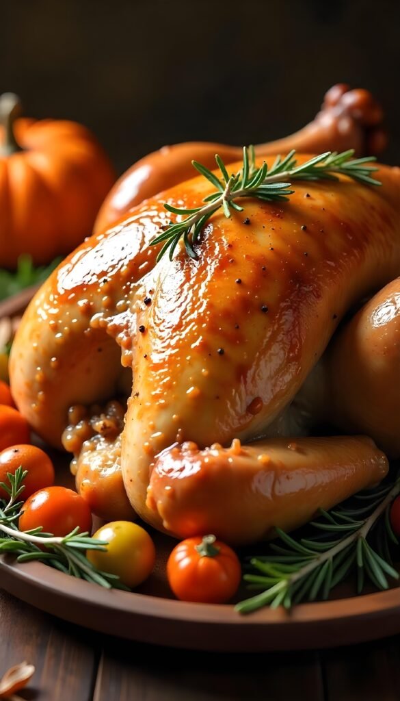 Close-up of a delicious, slow-cooked turkey, golden brown and glistening with juices, garnished with fresh rosemary and thyme, set on a rustic wooden platter, warm lighting, Thanksgiving feast, autumn setting.