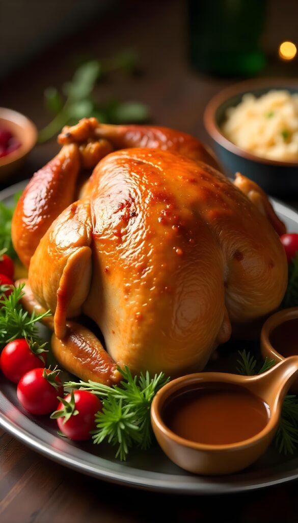 Close-up of a golden-brown stuffed turkey on a silver tray, centered, surrounded by cranberry sauce and gravy boats. A separate bowl of Dominican 'rica' rice sits to the side. Photorealistic, warm lighting.