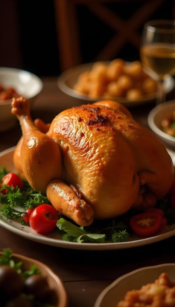 Close-up of a golden-brown, deep-fried turkey on a platter, Thanksgiving dinner table setting, surrounded by side dishes, warm indoor lighting.