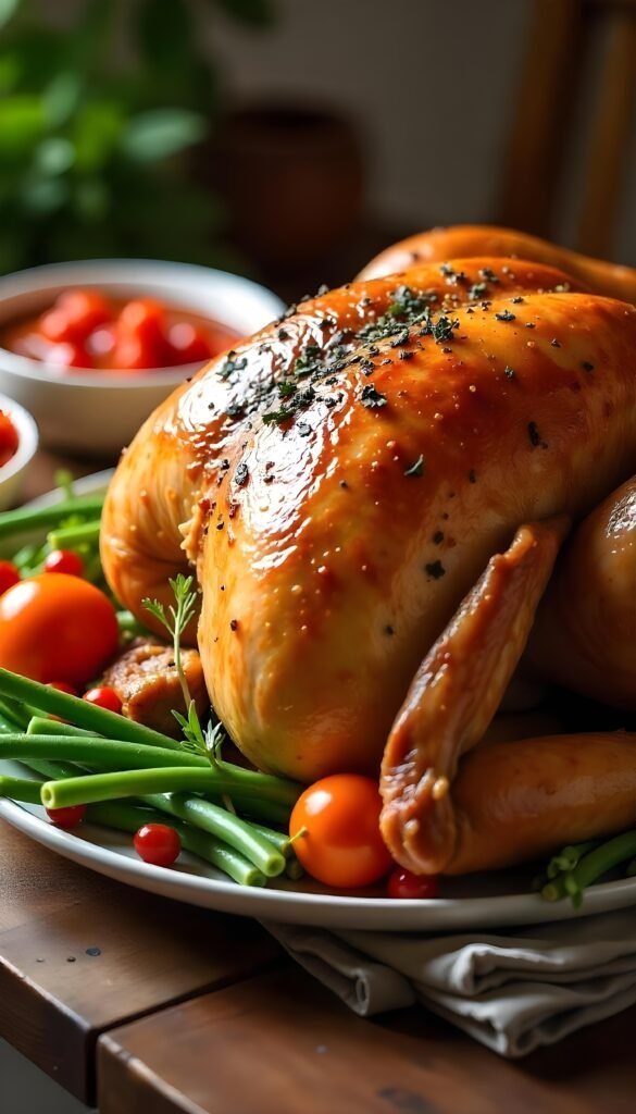 Close-up of a perfectly roasted Thanksgiving turkey glistening with herbs and butter, accompanied by bowls of vibrant orange cranberry sauce, rich brown gravy, and a side of green bean casserole, photographed in a brightly lit kitchen.
