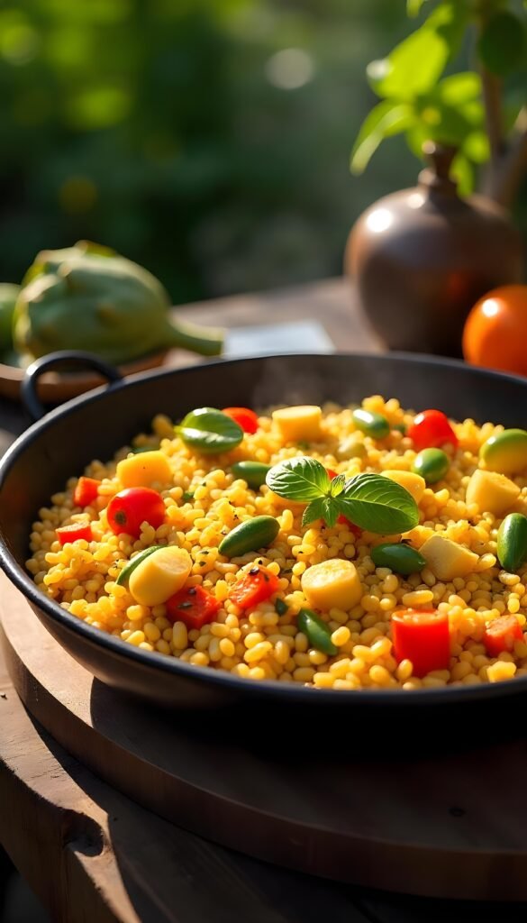 A vibrant vegetarian rice paella with seasonal vegetables, showcasing artichokes, bell peppers, and green beans, served in a traditional paella pan on a rustic wooden table, bathed in warm afternoon sunlight during a Spanish summer.