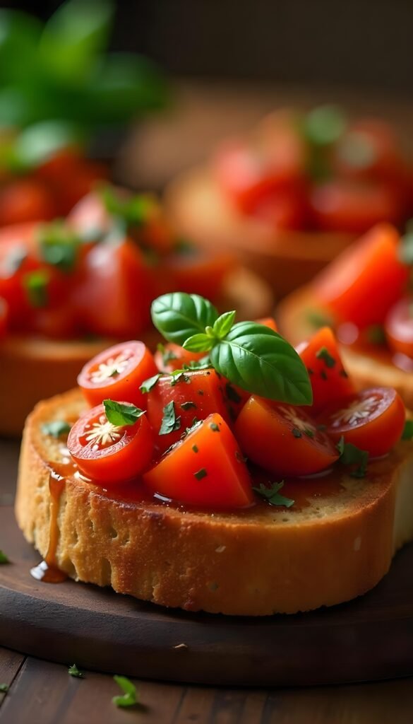 close-up delicious Bruschetta With cube Tomato And Basil with sauces