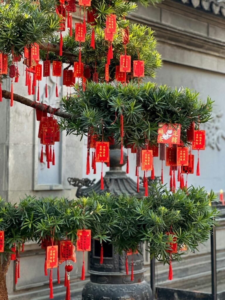 Decorative wish tree adorned with red tags in Hangzhou, capturing a serene and cultural ambiance.