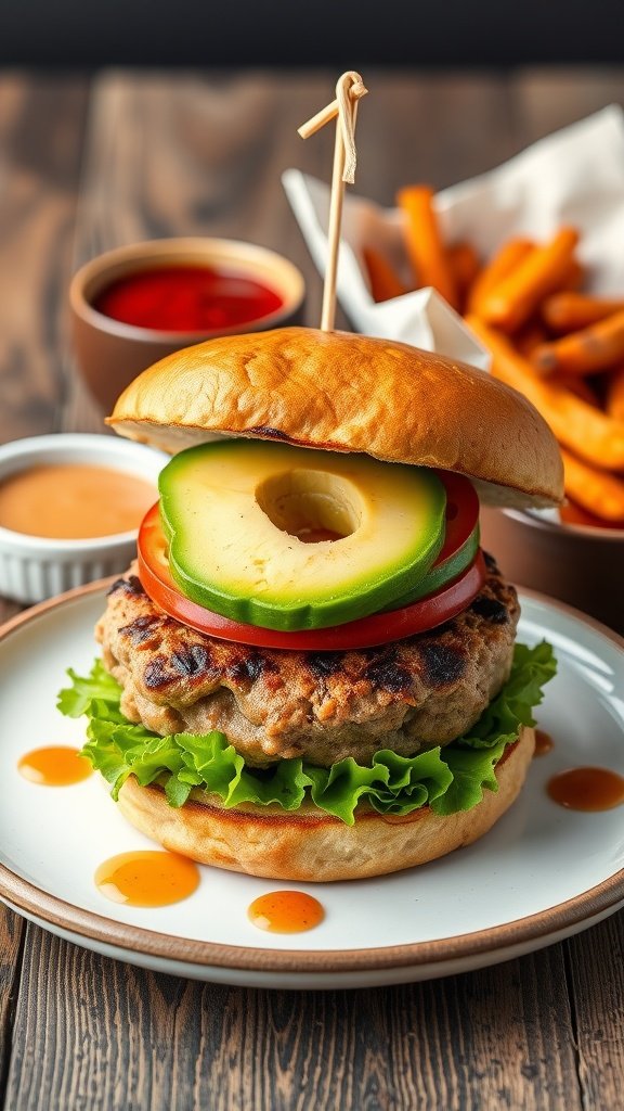 A stacked turkey burger with fresh vegetables and sweet potato fries on a wooden plate.
