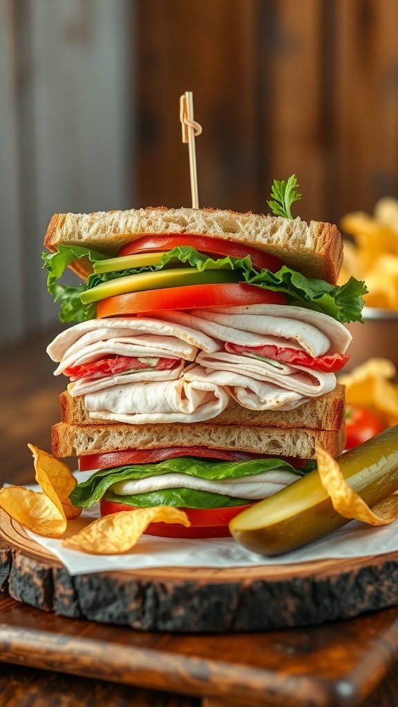 A tall turkey sandwich with layers of turkey, lettuce, tomatoes, and pickles on a wooden plate.