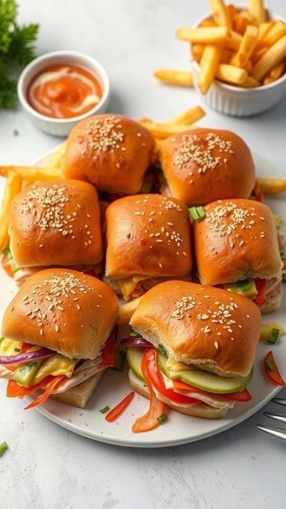 A plate of turkey sliders garnished with vegetables and sesame seeds, served with fries and dipping sauce.