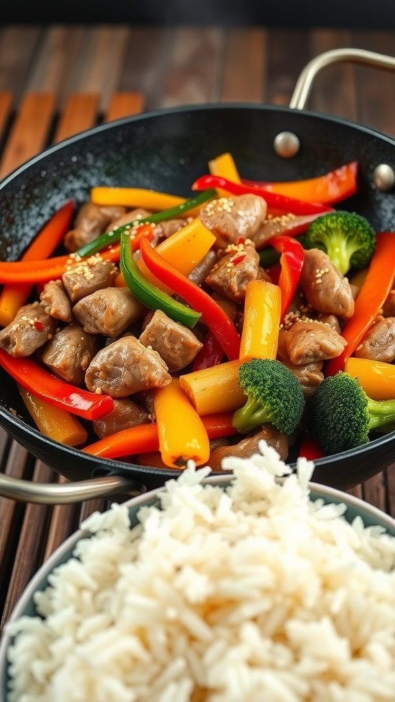 A colorful turkey stir-fry with vegetables in a pan, served with rice.