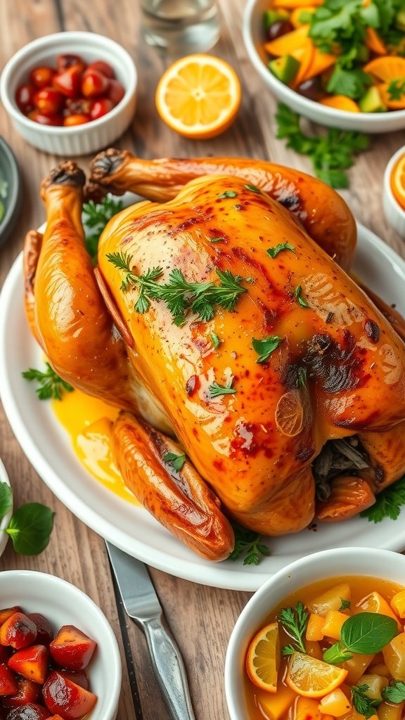 A beautifully roasted turkey with a citrus marinade, garnished with herbs and surrounded by fresh citrus fruits.
