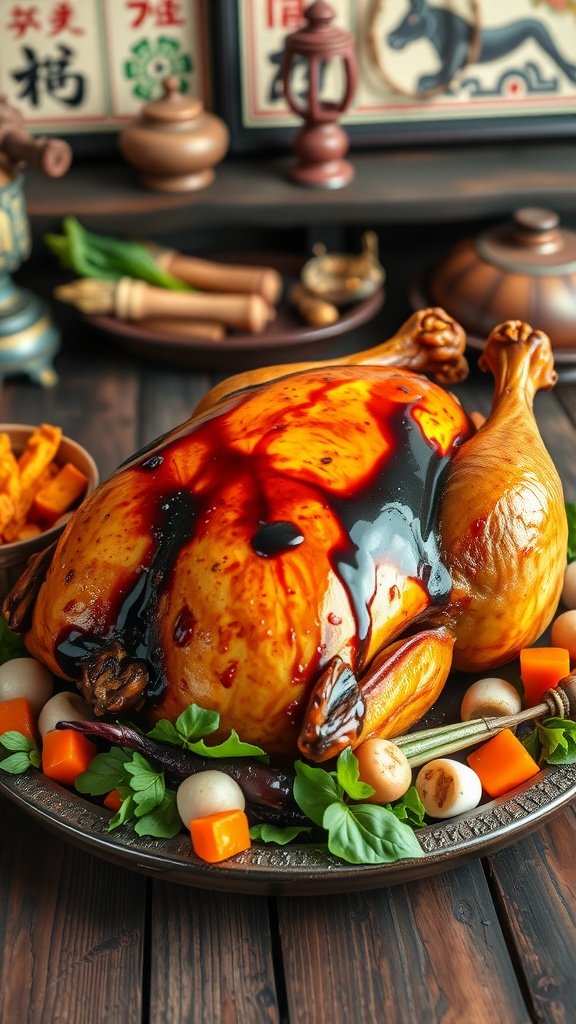 A beautifully roasted turkey with a soy sauce marinade, presented on a decorative platter with colorful vegetables.