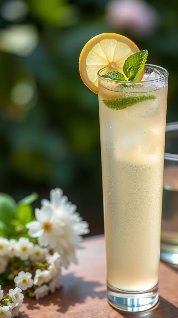 Refreshing Elderflower Collins Cocktail Recipe Elderflower Collins cocktail in a tall glass with lemon wheel and mint, in a garden setting.